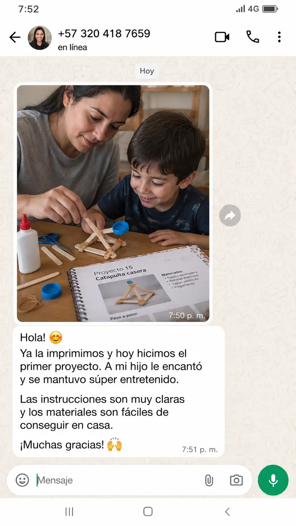 Testimonio de WhatsApp sobre el proyecto Catapulta casera del kit