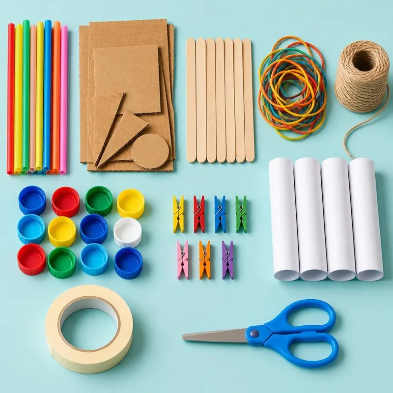 Materiales caseros para proyectos: cartón, popotes, palitos y ligas