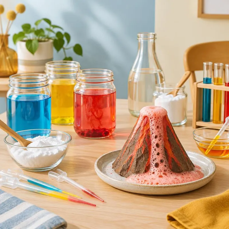 Experimento de química casero con frascos, colores y burbujas
